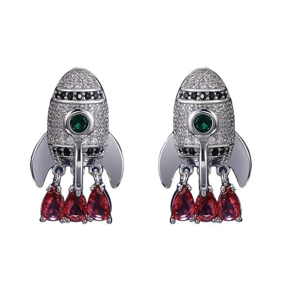 Cubic Zirconia Multicolor Retro Rocket Ship Stud Earrings - Picture 1 of 8